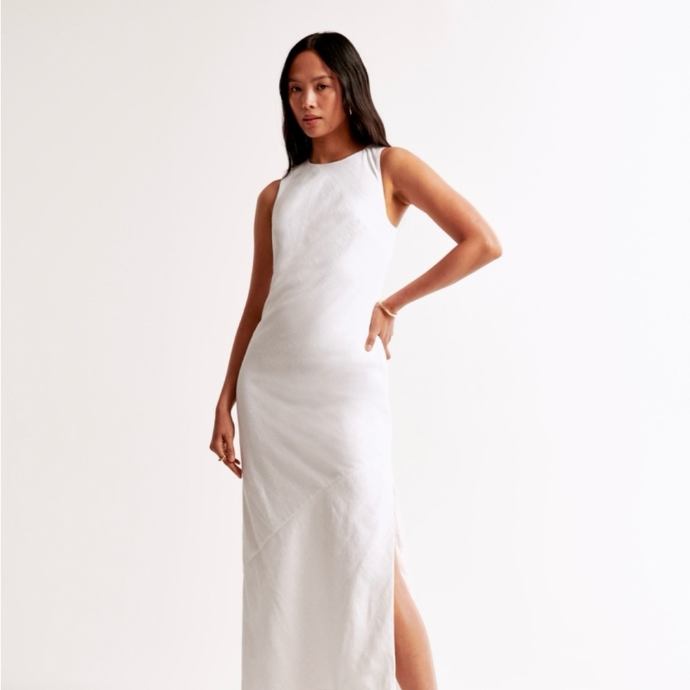 Abercrombie & Fitch High Neck Linen Blend White Maxi Dress